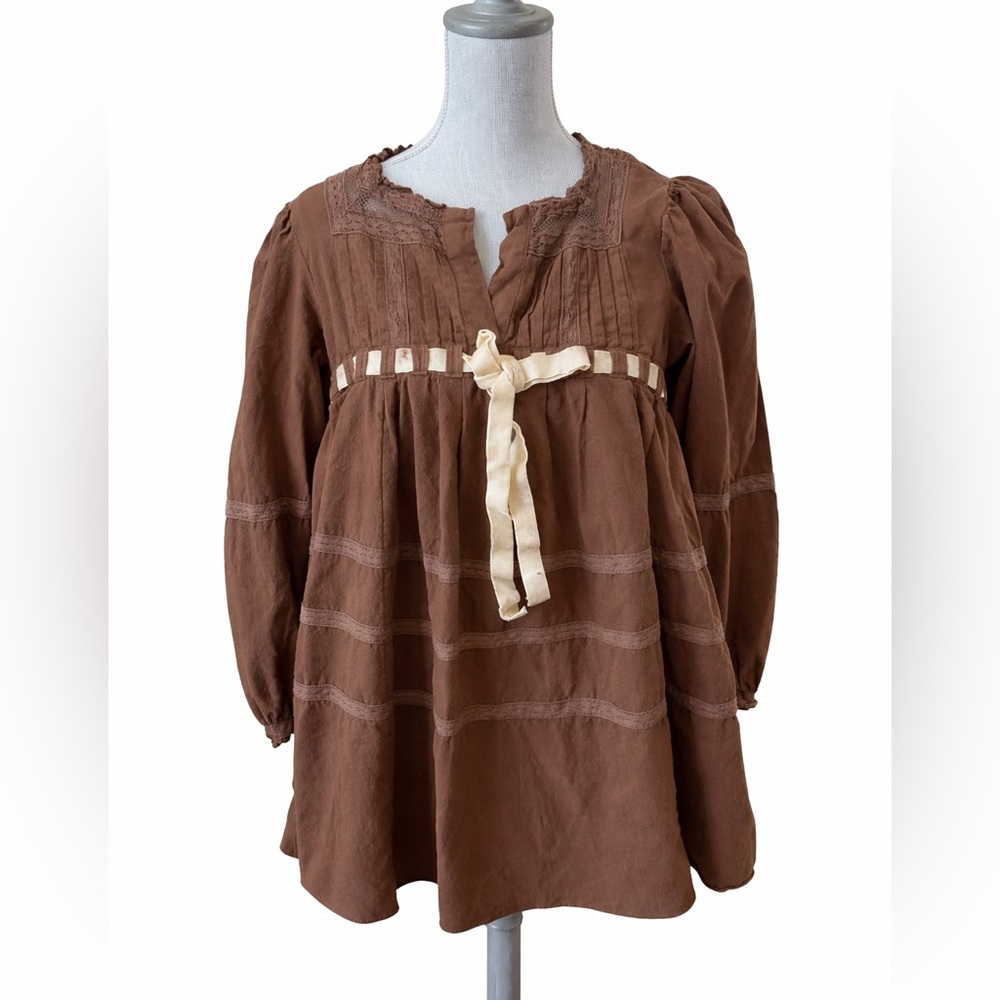 Free People Brown Cotton Pintuck Lace Peasant Tunic Blouse